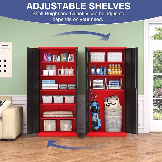 72 Inch Metal Cabinet,Lockable Storage Cabinet with 2 Doors and 5 Adjustbale Shelves,Tall Tool Cabinet Cabinet for Garage,Basement,Home Office,Gym(Red & Black)