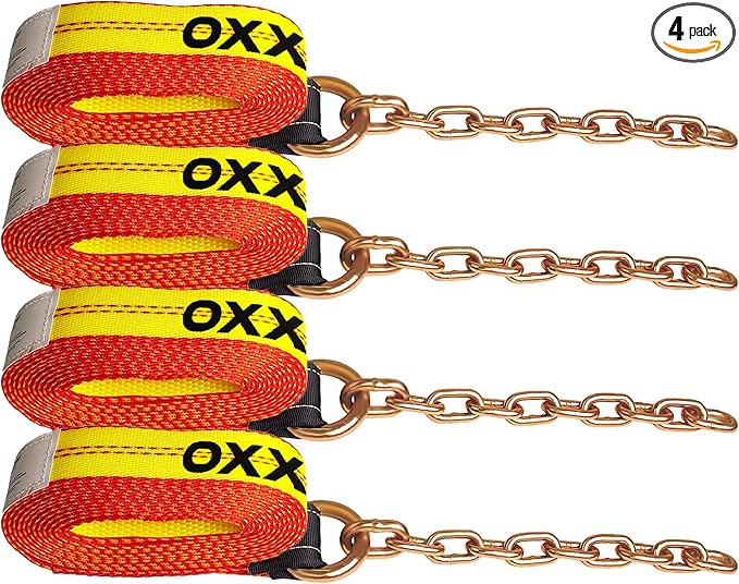 2" x 16' Replacement Tie Down Straps with Chain Tail,4-Pack,Heavy-Duty Car Trailer Straps for 8-Point Tie Down Kits – Extension Strap for Vehicle Transport, Flatbeds & Trailers