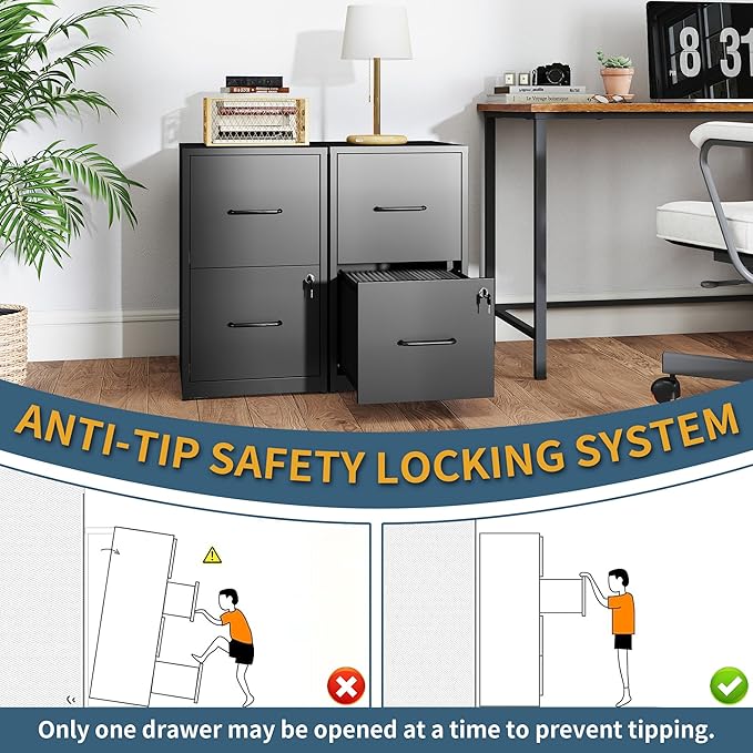 2 Drawer File Cabinet with Lock, Vertical Filing Cabinets for Home Office, Metal Storage Cabinet, Heavy Duty File Cabinet for Under Desk, Amssebly Required, Black