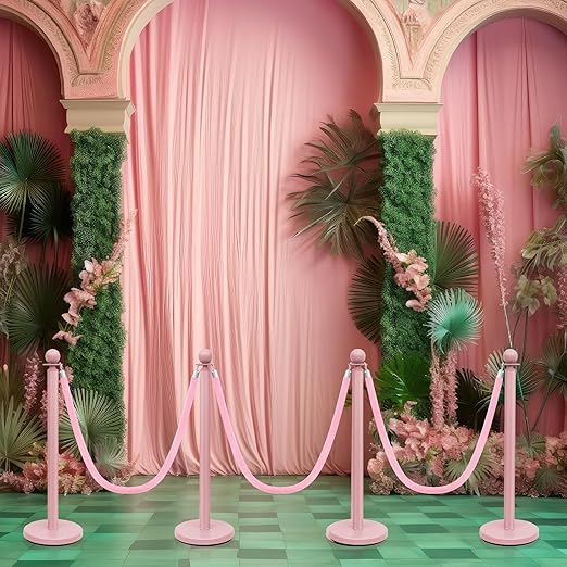Ferraycle 4 Pcs Stainless Steel Stanchions Post Queue 38 Inch, 5 ft Velvet Carpet Ropes and Pole, Control Barriers for Wedding Birthday Party Decoration Sand Injection Hollow Base Set (Gray Pink)