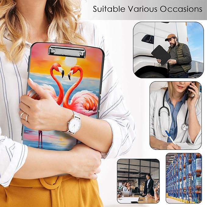 Clipboard with Storage,Office Supplies Nursing Clipboards Folder with Pen Holder Plastic Storage ClipBoard Foldable for Teacher Nurse,Sunset Flamingo