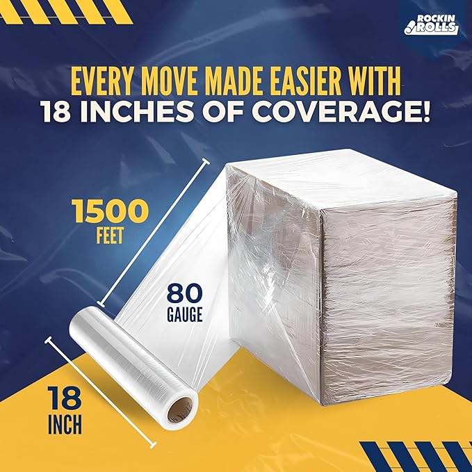 Rockin Rolls Stretch Film Wrap, 4 Rolls Heavy Duty Pallet Wrap – 18" x 1500 FT x 80 Gauge, Clear Plastic Moving Wrap for Packing, Shipping, Furniture & Luggage – Durable Self-Adhering Shrink Wrap Roll
