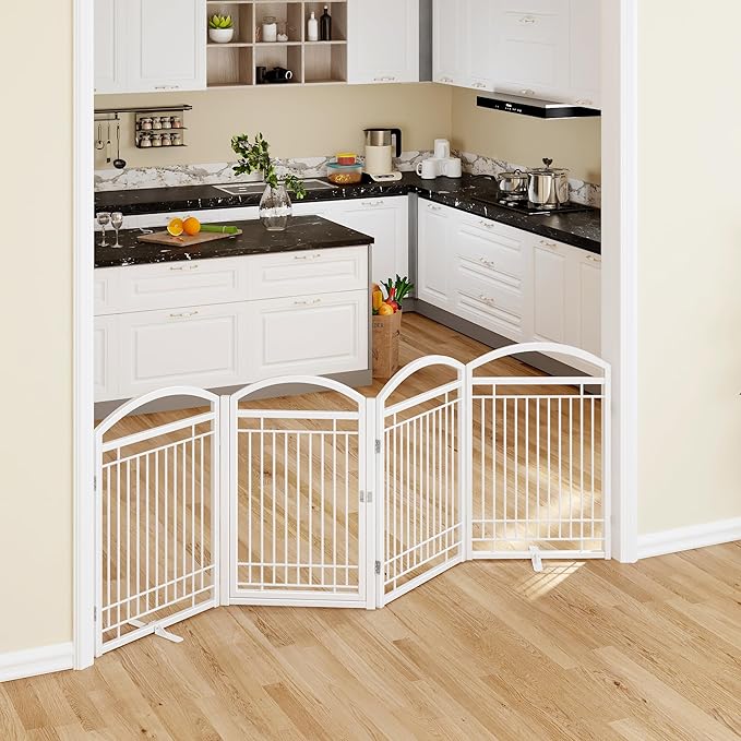 Folding No-Assembly Metal Freestanding Dog Gate with Door Walk Through,32" Height Pet Fence,96" Extra Wide Accordion Puppy Folding Playpen for Doorways,House,Stairs (4 Panels,White)