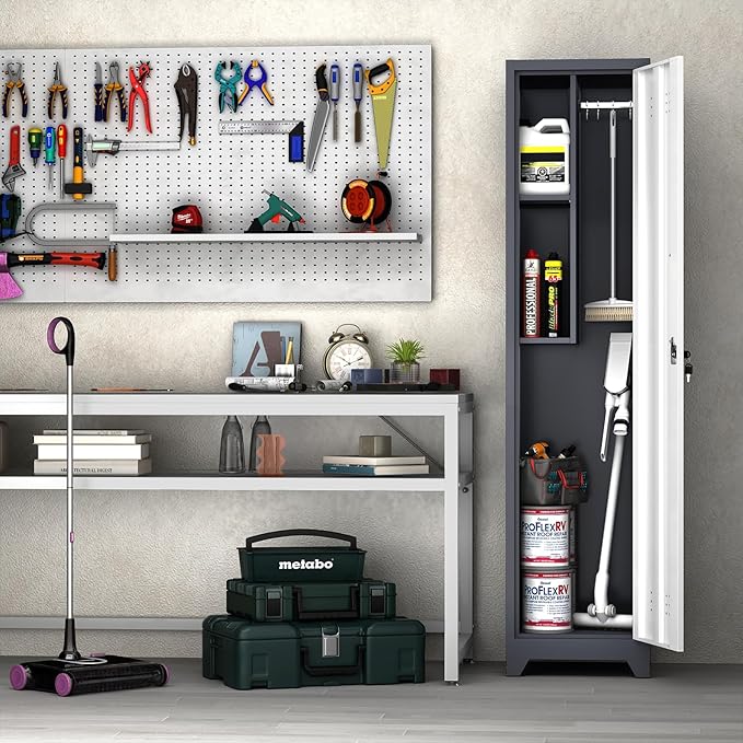 LUCYPAL Slim Broom Storage Cabinet with Shelves,Metal Cleaning Tool Cabinet with Locking Doors and Hanging Rod,Tall Broom Utility Closet Cabinets for Kitchen,Pantry,Home Office,White&Grey