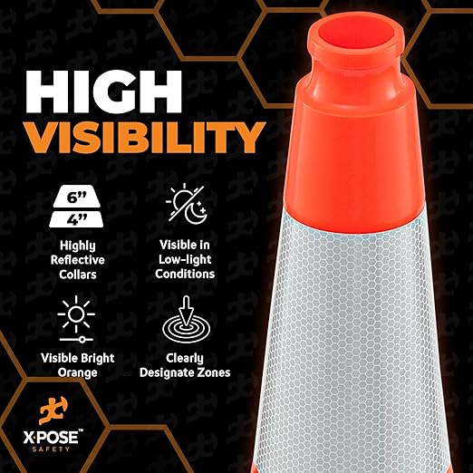 Xpose Safety 28 Inch Orange Slim Line Traffic Cones Heavy Duty 10lb with 6" & 4" Collars, 6 Pack Multipurpose PVC Plastic Safety Cone for Parking, Soccer, Caution, Kids & Construction - DOT Approved