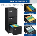 Vertical File Cabinets - 3 Drawers 17.8" Deep Lockable Filing Cabinet - Metal Storage Cabinets for Home Office to Hanging Files Letter/Legal/F4/A4 Size