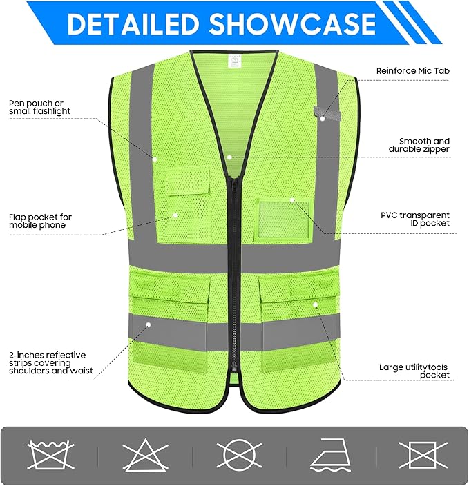 Reflective Safety Vest for Men Women with 5 Pockets and Zipper Front High Visibility