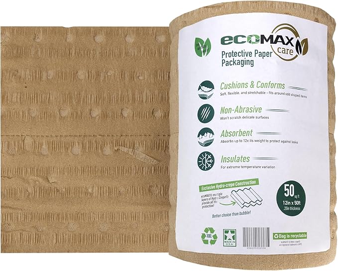 IDL Packaging 12" x 50' EcoMax™ Kraft Paper Cellulose Wadding (1 Roll) - Cushioning Wrapping and Box Void Filling - Soft and Gentle Packing for Shipping, Moving, and Storing Fragile Items