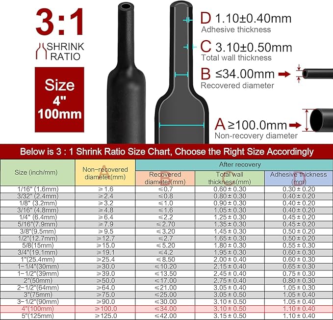 Chanzon 3:1 Ratio Waterproof Heat Shrink Tubing Marine 4 inch(100mm) Type G 3:1 Shrink Ratio with Eventronic Dual Wall Adhesive Tubes Glue Inside 100G Black 1.22M 1pcs