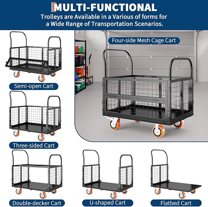 6in1 Foldable Platform Truck Cart with Cage Platform Truck,1800lbs Push Cart Dolly Capacity Flatbed Hand Truck Dolly Cart Multipurpose for Grocery, Laundry, Garage, Warehouse (Black)