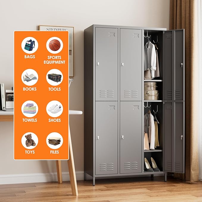 Employees Locker, 72" inch Tall Metal Storage Locker with 6 Doors for School Hospital Garage Gym Home Office with 12 Hooks, Requires Assembly (Dark Grey)