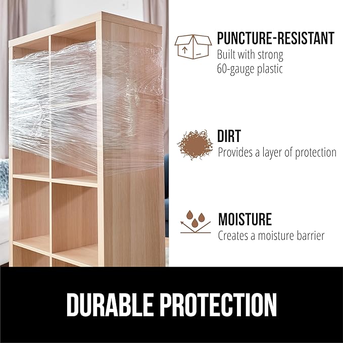 GORILLA GRIP 500% Shrink Wrap Roll with Handle, 5" 1000ft Plastic Wrap Stretch Film, Puncture Resistant Industrial Strength Moving Supplies, Pallet Storing, Packing Furniture Protection, 1 Pack Clear