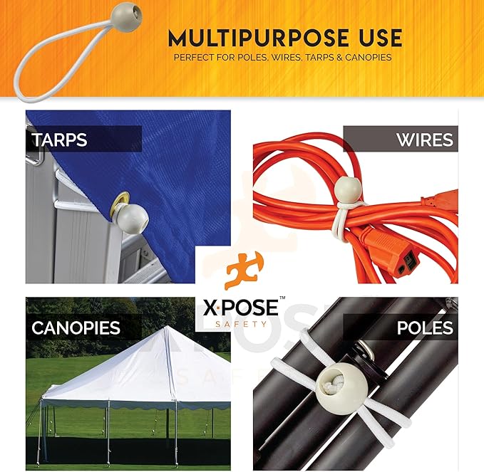 Xpose Safety Bungee Ball Cords 6" 25 Pack Heavy Duty White Stretch Rope with Ball Ties for Canopies, Tarps, Walls, Cable Organization