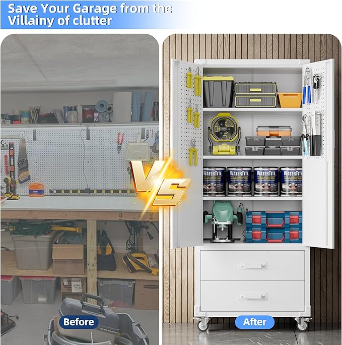 Aobabo Upgraded Metal Garage Storage Cabinet with Wheels and 2 Drawers, Lockable Rolling Tools Cabinet with Pegboards and Hooks,Assembly Required,White