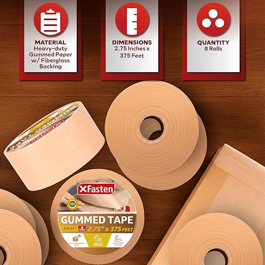 XFasten Water Activated Tape Brown with Reinforced Fiberglass Backing 2.75-Inch x 375-Feet (8-Pack, 3000ft Total) Water Activated Gummed Paper Tape Brown Kraft Paper Packaging Roll for Moving Boxes