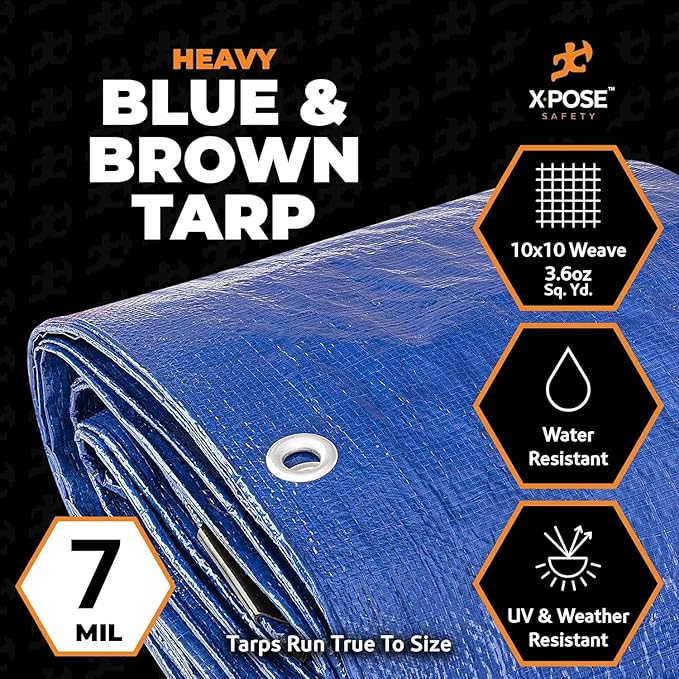 Heavy Blue & Brown Tarp 20' x 20'- Bulk Half Pallet (72 Pack) Weatherproof, Camping, Rain, Wind & Sun - 7 Mil Plastic Tarp Outdoor Cover for Roof, Trailer, RV, Car, Boat - by Xpose Safety