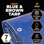 Heavy Blue & Brown Tarp 16' x 20'- Bulk Full Pallet (60 Pack) Weatherproof, Camping, Rain, Wind & Sun - 7 Mil Plastic Tarp Outdoor Cover for Roof, Trailer, RV, Car, Boat - by Xpose Safety