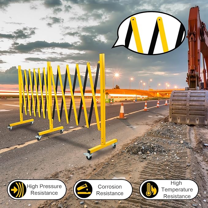 Industrial Expandable Barricade Gate, 16.4 Ft Retractable Traffic Fence with Casters, Easily Assembled Safety Barrier for Maintenance and Construction Work, Crowd and Traffic Control