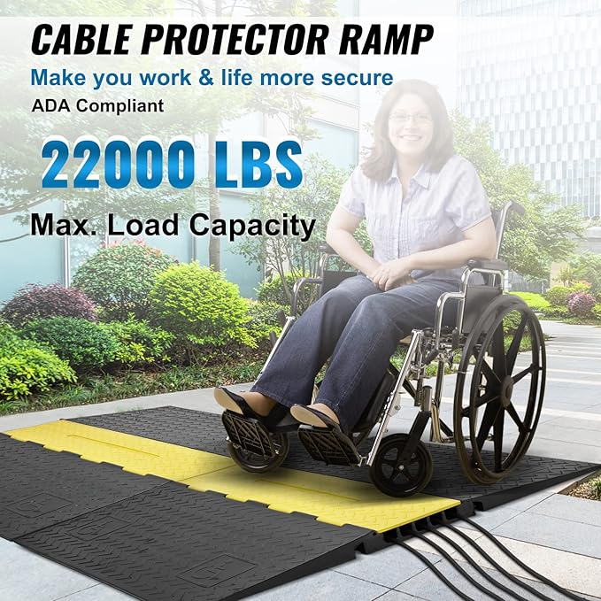 VEVOR 5 Channel Rubber Cable Protector Ramp, Heavy Duty 22000 lbs/axle Capacity Wire Hose Cord Cover Ramp, ADA Compliant Driveway Road Hump, Traffic Speed Bump w/Flip-Open Top Cover