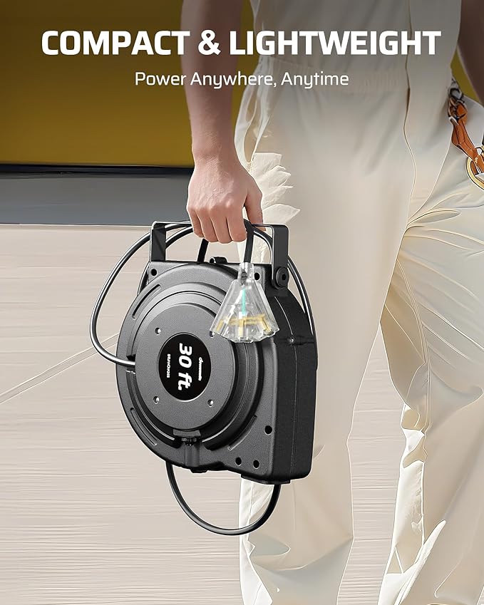 DEWENWILS 30FT Retractable Extension Cord Reel, 16/3C SJTW Heavy Duty Power Cord, Lighted Triple Outlets, 10A Circuit Breaker, Lightweight 180° Swivel Bracket, Ceiling/Wall Mount, ETL Listed, Black