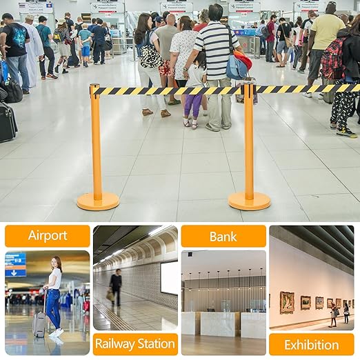 Therwen 12 Pack Heavy Duty Crowd Control Stanchions 9.8 ft Stainless Steel Stanchion Set with Safety Barrier Post Retractable Belt and Sign Holder Crowd Control Barrier(Stripe Belt, Yellow)