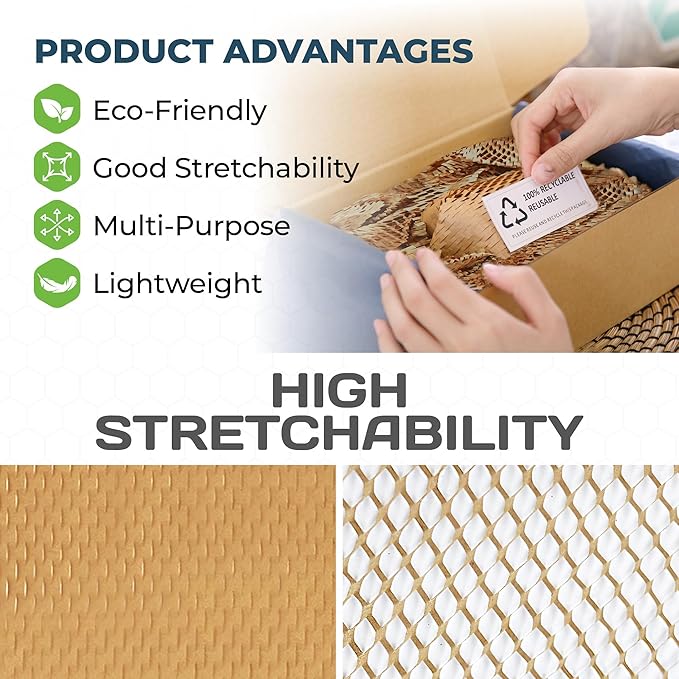HexcelPack HexaFil Honeycomb Packing Paper - Eco-Friendly, Sustainable Filler for Shipping and Moving, Cushioned Packing Material in Dispenser Box, Alternative to Bubble Wrap - White, 12" x 1700'