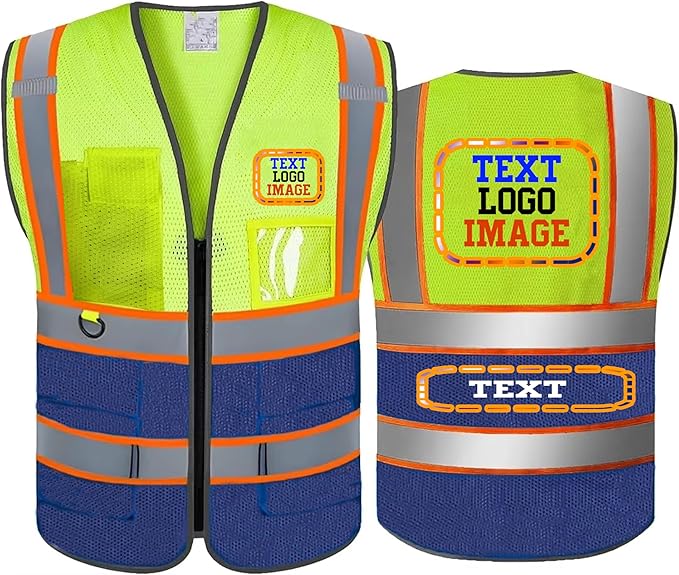 High Visibility Safety Reflective Vest with Pockets and Zipper Construction Hi Vis Work Vest(Yellow/Blue3XL)