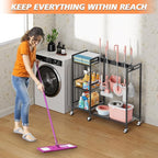Broom and Mop Holder, MUNNAR Broom Storage Holder with Cleaning Supplies Organizer, 2-in-1 Broom Mop and Cleaning Supplies Storage Cleaning Cart, Cleaning Cart with Wheels for Housekeeping