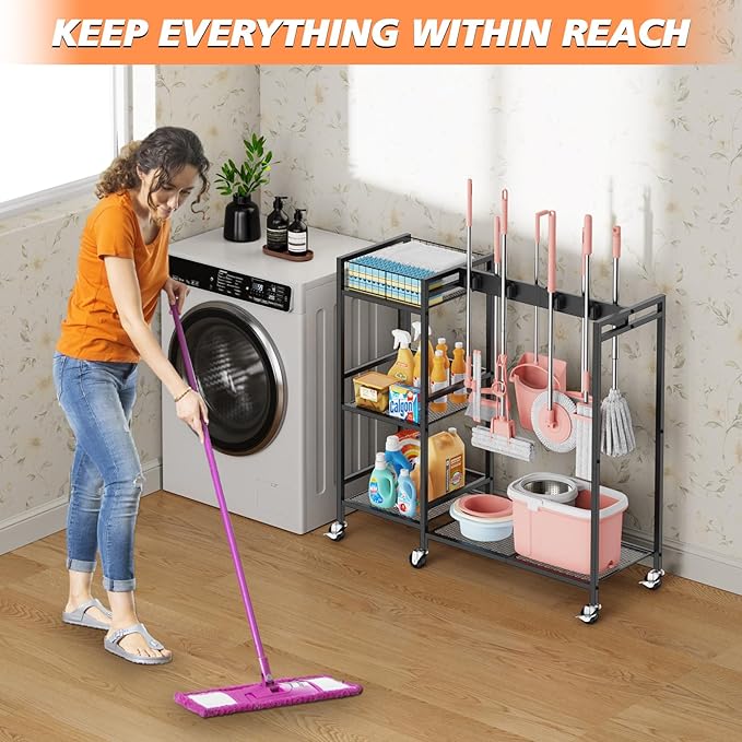 Broom and Mop Holder, MUNNAR Broom Storage Holder with Cleaning Supplies Organizer, 2-in-1 Broom Mop and Cleaning Supplies Storage Cleaning Cart, Cleaning Cart with Wheels for Housekeeping