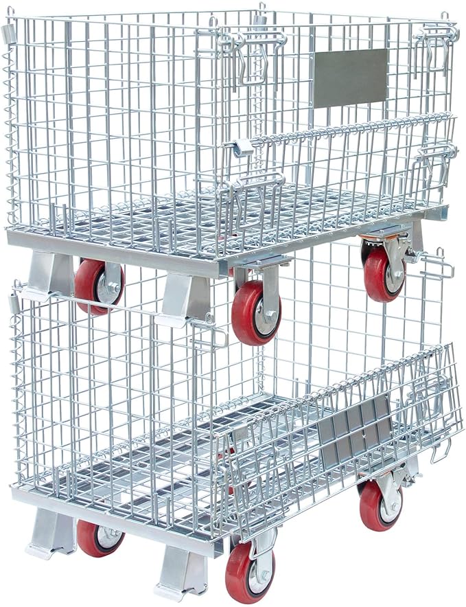 Collapsible Wire Mesh Container with Casters, 32"x20"x24", 1500 lbs Heavy-Duty Steel Storage Bin, Stackable Industrial Material Handling Cart