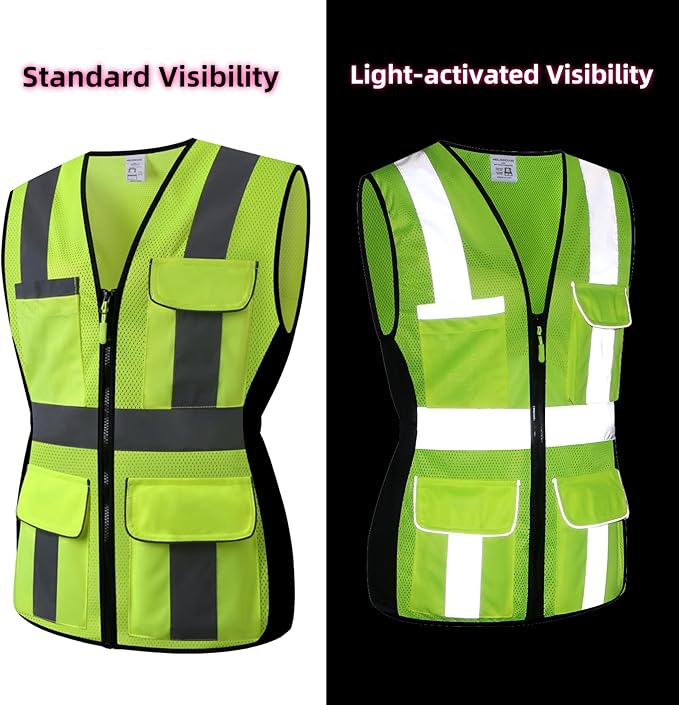 Safety Vest for women, Hi vis Reflective Lady Work vest With 9 Multi Pocket And Zipper
