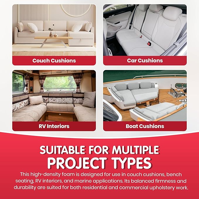 Foamy Foam High Density 6 inch Thick, 18 inch Wide, 72 inch Long Upholstery Foam, Cushion Replacement