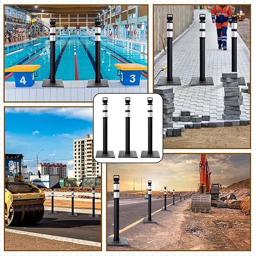 Kanayu 49 Inch Traffic Delineator Posts with 8.8 Lbs Rubber Base PE Delineator Post Portable Parking Pole Traffic Cone Barrier with Removable Base, Reflective Band(4 Packs,Black)