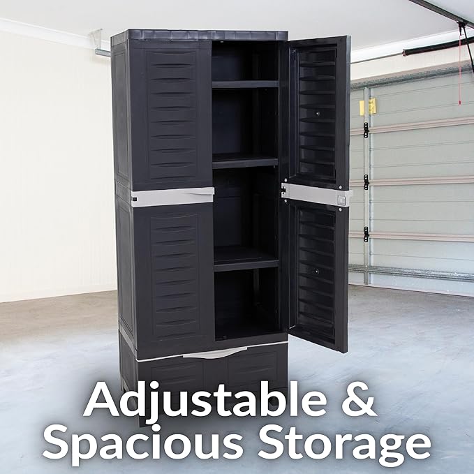 Sunnydaze Lockable Storage Cabinet - Indoor or Garage Storage Cabinet with 3 Adjustable Shelves - 57.5" H - Garage, Office, Home, Laundry Room - Shadow