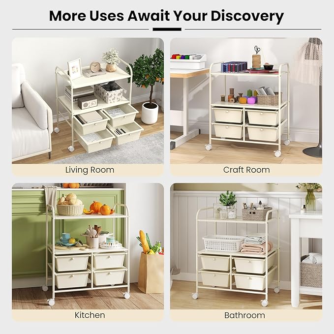 Giantex Rolling Storage Cart w/ 4 Drawers 2 Shelves Metal Rack Shelf Home Office School Beauty Salon Utility Organizer Cart with Wheels, Ivory