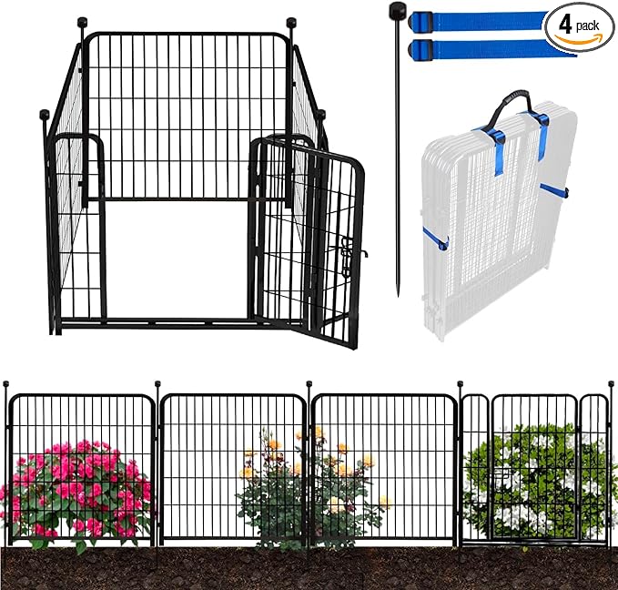 ADAVIN Tall Garden Fence Wide Door Low Threshold, 54 inch High 4 Panels Total 8.8 Ft(L), Black Heavy Duty Metal Outdoor Dog Fence for Yard or Camping, Garden Fencing Animal Barrier