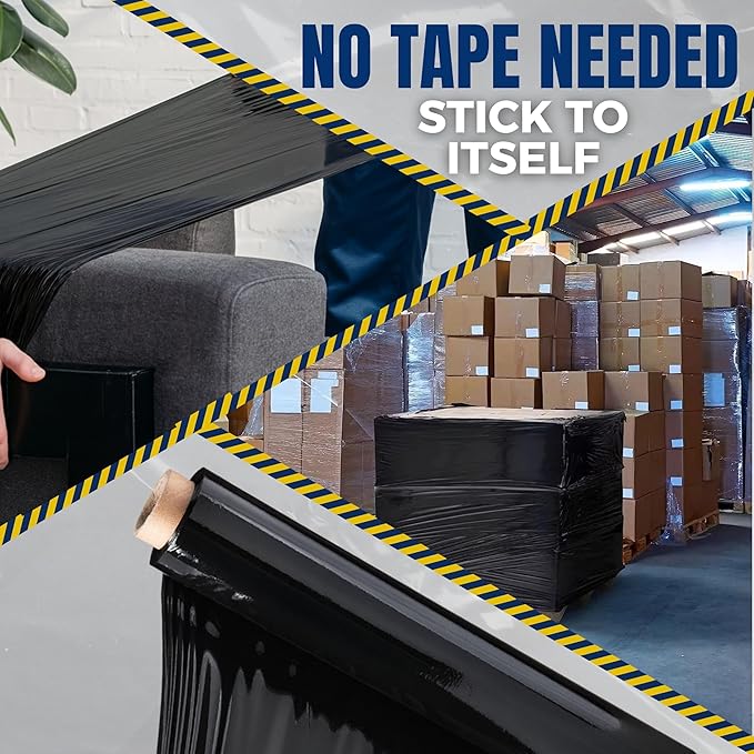 Rockin Rolls Black Stretch Wrap 18"x1500 ft, 80 Gauge – 4 Rolls Heavy Duty Pallet Wrap Stretch Film Roll for Packing, Moving & Shipping – Industrial Strength Durable Self Adhering Shrink Wrap Roll