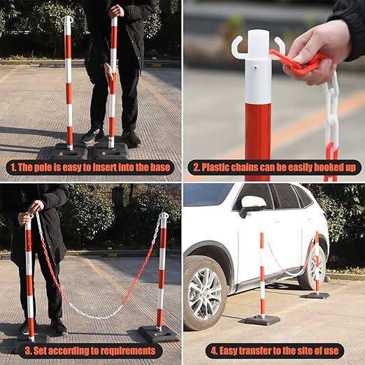 4 Pack Red White Portable Work Zone Chain Post Set, Premium Crowd Control Stanchion Sets, 40" H Traffic Delineator Post Cones with Heavy Rubber Base, 80" Plastic Chain Barriers