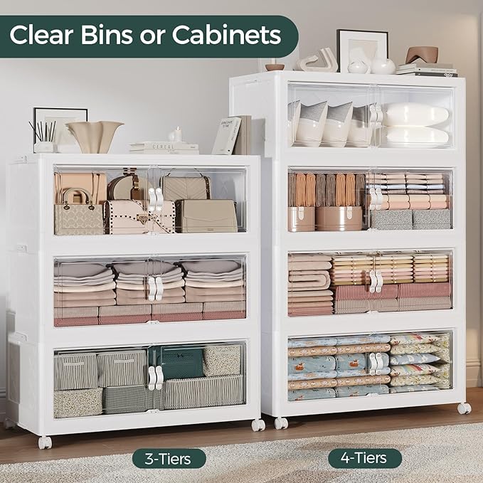 660QT Extra Large Stackable Storage Bins with Lid, 165Gal Collapsible Closet Organizer Box with Wheels, Folding Plastic Storage Cabinet with Doors for Home Kitchen Office Dorm, 3Pack White