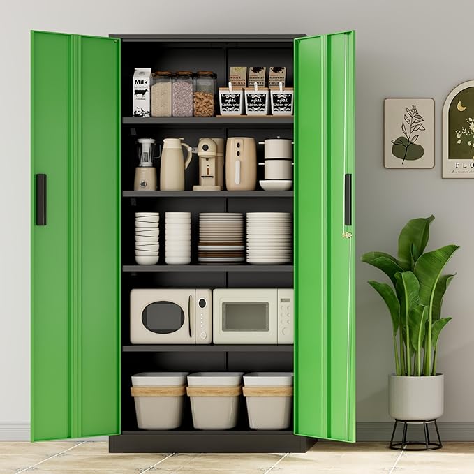 INTERGREAT Metal Storage Cabinet with Lock, 61" H Metal Cabinets Storage with 2 Doors and 4 Adjustable Shelves, Locking Garage Cabinet for Home Office, Kitchen, Bathroom (Black Green)