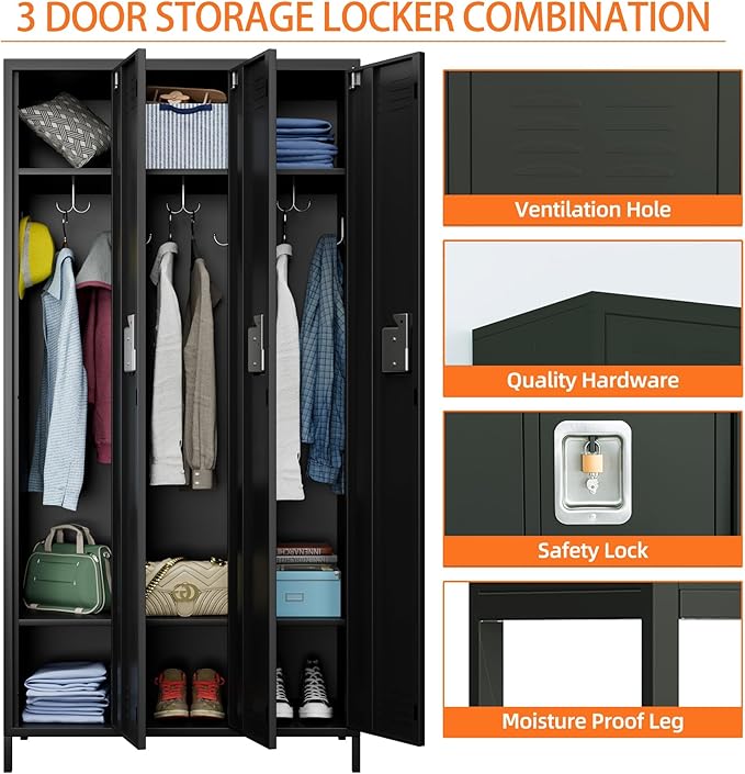 Metal Storage Locker with 3 Doors, Employee Lockers with 9 Hooks for Employees Home Office,Requires Assemble,Black