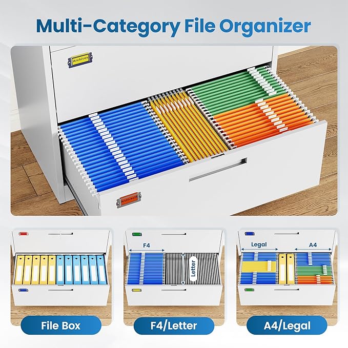 4 Drawer File Cabinet, Lateral Filing Cabinets for Home Office, Office Storage Drawers with Lock, Hanging Files Legal/Letter A4 Size (Assemble Required,White)