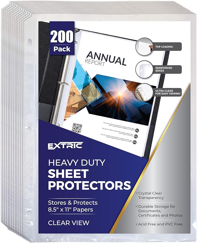 Heavy Duty Sheet Protectors for 3 Ring Binder, 200 Count Bulk Clear Page Protectors, Top Loading Plastic Sleeves 8.5 x 11 inch