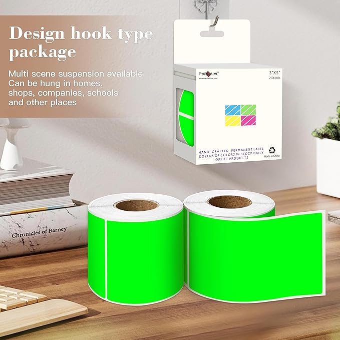 PARLAIM 3x5 inch Rectangle Color Code Stickers, 1000PCS 4 Rolls Square Adhesive Inventory Label, Fluorescent Green