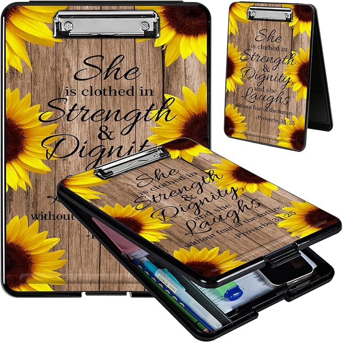 Clipboard with Storage, Hard Letter A4 Size Clip Board with Pen Holder & Paper Organizer, Heavy Duty Portable Writing Pad for Nurses Students Teachers Office Jobsite Contractor, Sunflower Bible
