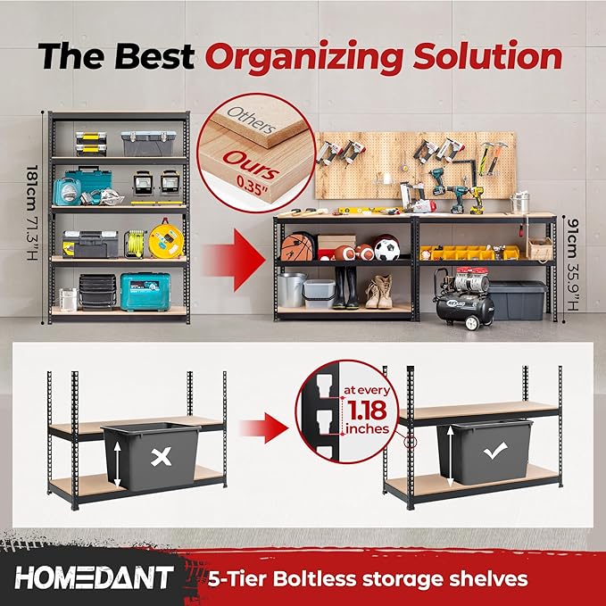 HOMEDANT 5 Tier Storage Shelves Adjustable Laminated Boltless Garage Metal Shelving Unit Heavy Duty Utility Rack Shelf Warehouse Pantry Closet Kitchen (4, (L) 48.1" W, Black)
