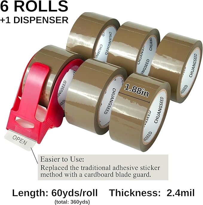 CHUANGSEED Packing Tape with Dispenser – 6 Rolls Brown Shipping Tape (2.4Mil x 1.88” x 60 Yards), Heavy Duty Box Sealing Tape for Moving, Packaging, Office, Warehouse