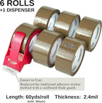 CHUANGSEED Packing Tape with Dispenser – 6 Rolls Brown Shipping Tape (2.4Mil x 1.88” x 60 Yards), Heavy Duty Box Sealing Tape for Moving, Packaging, Office, Warehouse