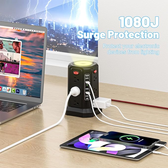 PASSUS Surge Protector Power Strip with 5 USB Ports and Night Light,10FT Braided Extension Cord with 12 AC Multiple Outlets, Power Tower Overload Protection for Home Office Dorm Room Essentials