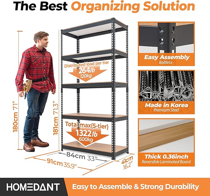 HOMEDANT 5 Tier Storage Shelves Adjustable Laminated Boltless Garage Metal Shelving Unit Heavy Duty Utility Rack Shelf Warehouse Pantry Closet Kitchen (3, (M) 35.9" W, Black)